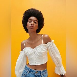 ZARA NWT White Off Shoulder Puff Sleeve Crop Top Blouse XS Ecru Polka Dot